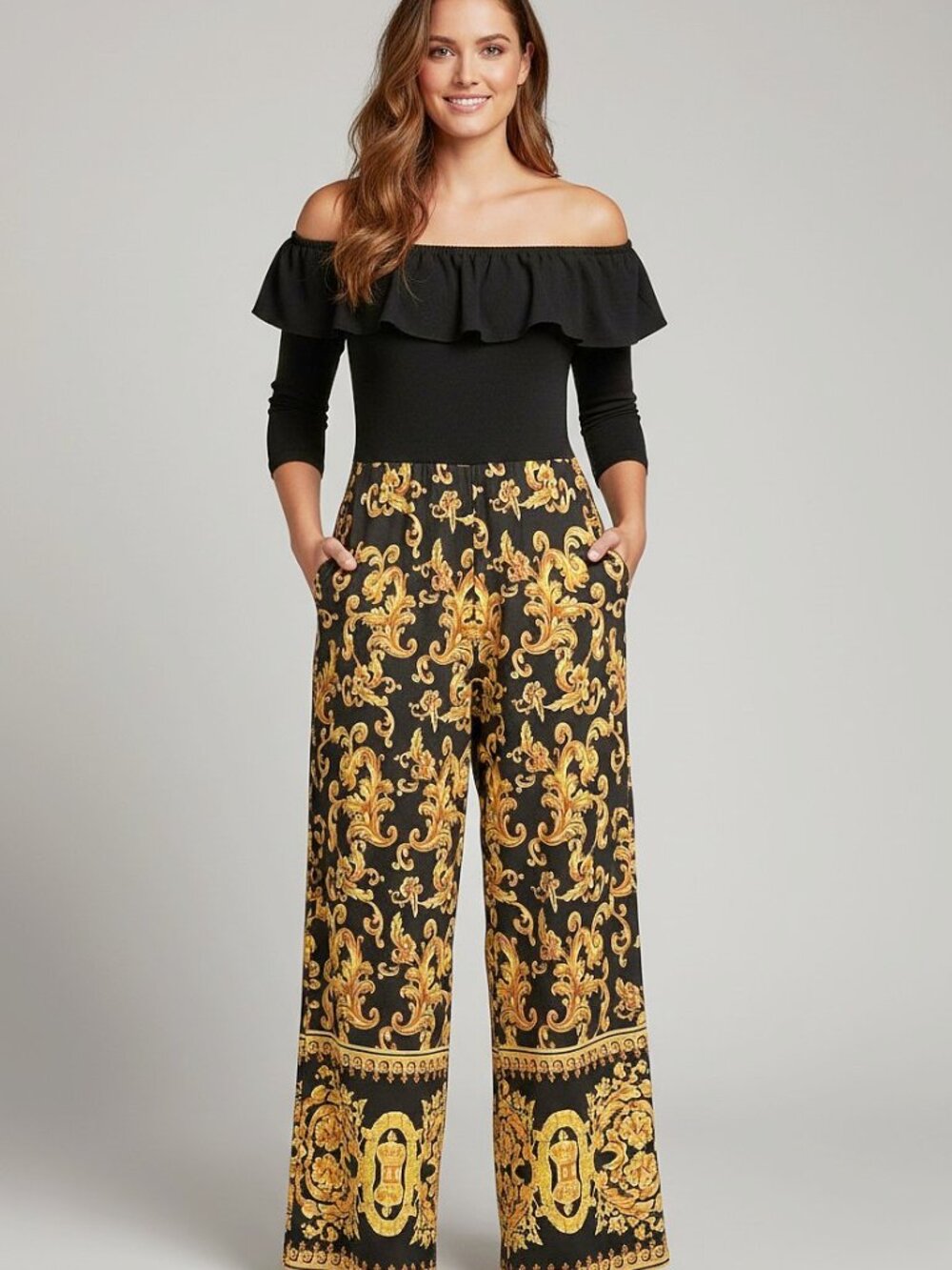 Black Gold Baroque Off Shoulder Wide Leg Jumpsuit Ruffle Shoulders XL - Picture 5 of 7